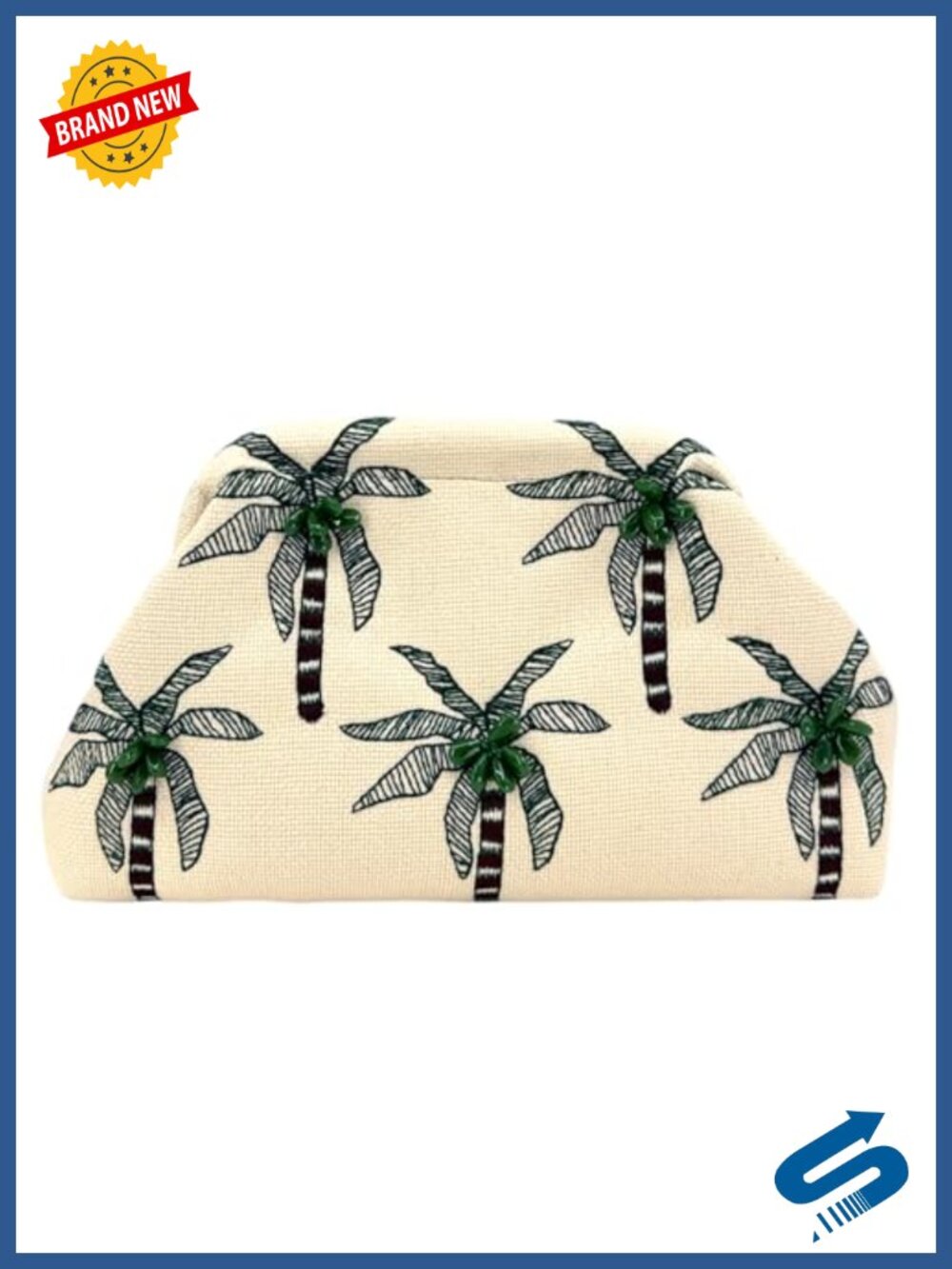 Linen Cloud Clutch Evening Bag Embroidered Coconut Tree Beaded Spring Frame